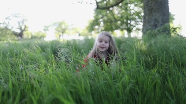 Boldog kislány piros ruhában és kalapban fut és mosolyog a parkban. Lassú mozgás.. — Stock videók