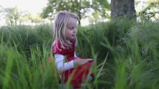 Gelukkig meisje in rode jurk en hoed rennen en glimlachen in het park. Langzame beweging. — Stockvideo