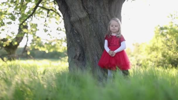 SLOW MOTION Happy cute bionda bambina in abito rosso toccare l'albero — Video Stock