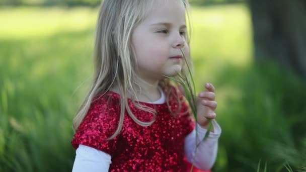 SLOW MOTION Gelukkig schattig blond meisje in rode jurk raken de boom — Stockvideo