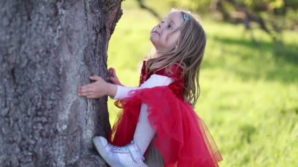 SLOW MOTION Glückliches süßes blondes Mädchen in rotem Kleid berührt den Baum — Stockvideo