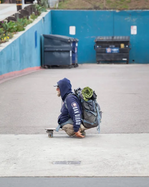 Okyanus plaj, San Diego, Kaliforniya / Amerika Birleşik Devletleri - 01 Mayıs 2018: Ocean Beach, Ca ve satmak ıvır zıvır ve mücevher taşları beton bir duvara oturup dinlenirken olan dreadlocks ve onun köpekleri bohem bir kadın.