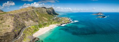 Aerial drone view of Makapuu beach landscape and blue seascape with State Seabird Sanctuary and Rabbit Island off Makapuu Point on Oahu, Hawaii, USA. clipart