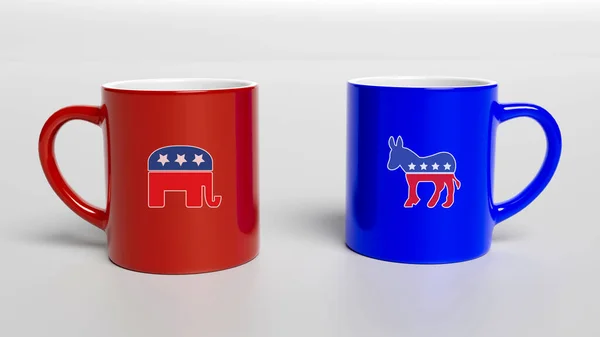 コーヒーカップ コーヒーマグカップ コーヒーマグカップの印刷テンプレート 赤と青のマグカップを隔離 3Dイラスト 米国の政治や選挙の概念 討論の概念 — ストック写真