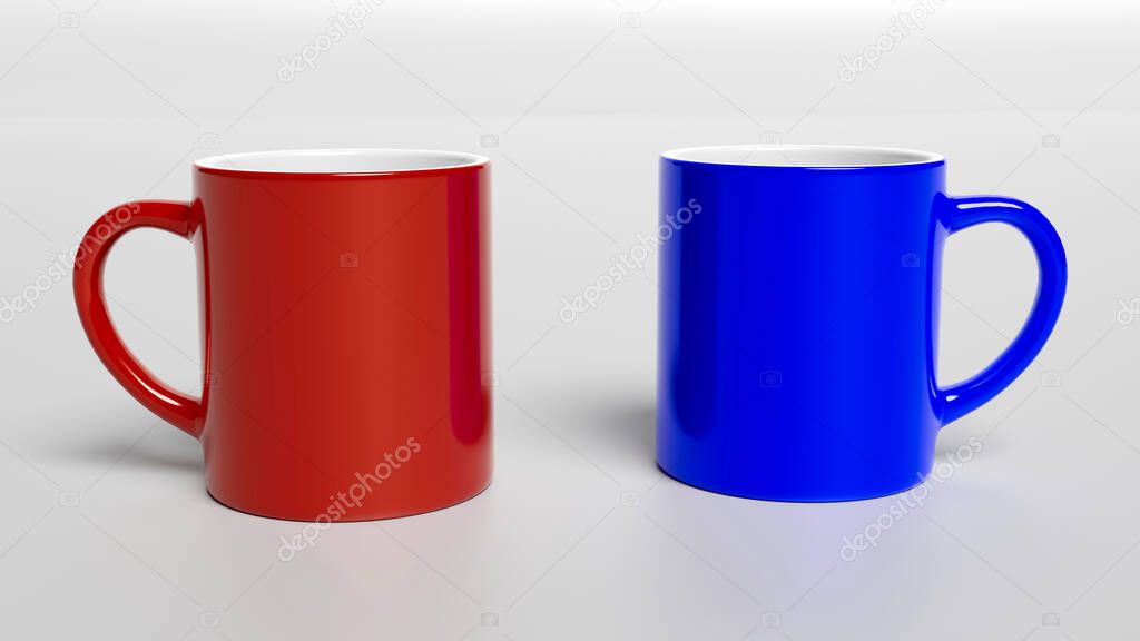 Cup of Coffee, Coffee Mug - Coffee Mug Printing Template. Red and Blue Mug isolated. 3D illustration