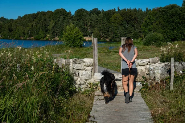 young woman walking dog round lake in the countryside ,concept of sport fitness