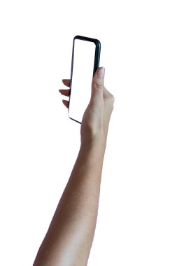 Beyaz arka planda izole edilmiş cep telefonu tutan bir kadın. Metin için yer