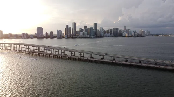 Staden Miami Med Solnedgången Sedd Från Ovan Drönare — Stockfoto