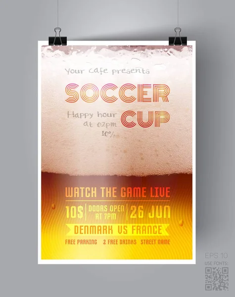 Futbol Kupası el ilanı şablonu bir bira cam arka plan üzerinde. Bir futbol maçı Bar veya Pab için Happy Hour bira posteri. Spor olay duyuru. Vektör çizim.