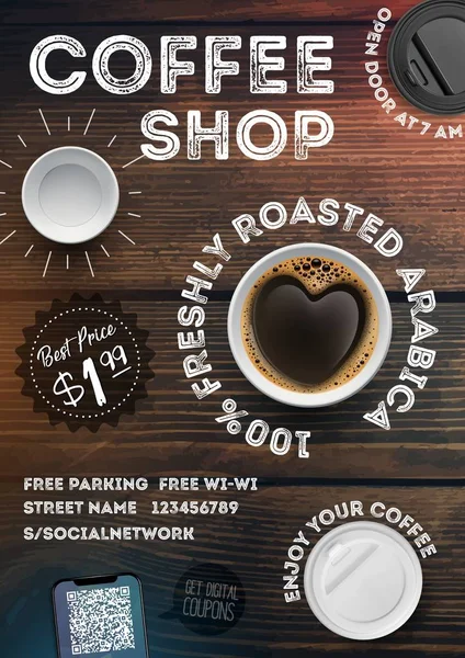 Coffee shop flyer šablony na vintage dřevo textury pozadí. Reklamní pozvánky na A4 formát brožury, plakáty, banner, leták. Vektorové ilustrace Royalty Free Stock Vektory