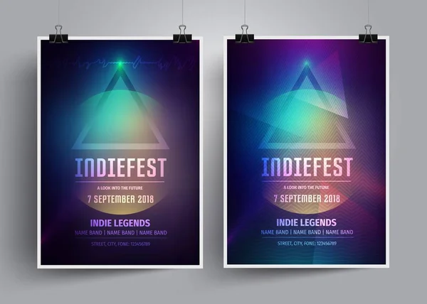 Mockup poster şablonları veya el ilanları bir indie rock konseri için kümesidir. Müzik Festivali, minimalis tarzı, konferanslar ve seminerler mistik tema vektör çizim gece parti davetiyesi. 