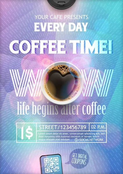 Kahve saati flyer şablonu. Broşür, afiş, davetiye, broşür, duvar kağıdı için ışınları ile renkli arka plan üzerinde düzen. Kahve kalp şeklinde. Vektör çizim