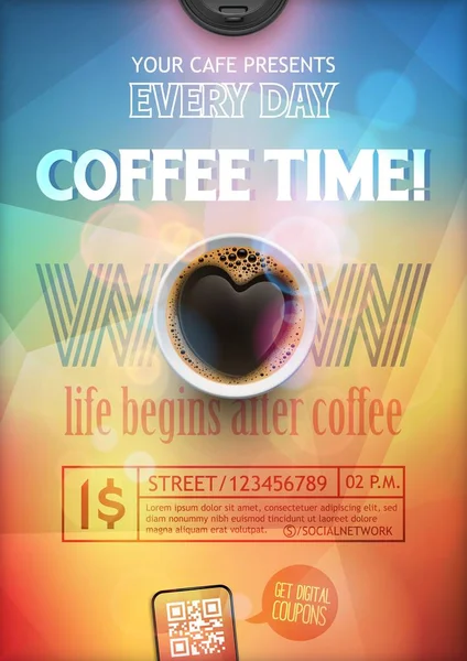 Přestávka na kávu flye nebo plakát šablona rozložení na barevné pozadí kávy ve tvaru srdce. Vektorová Grafika