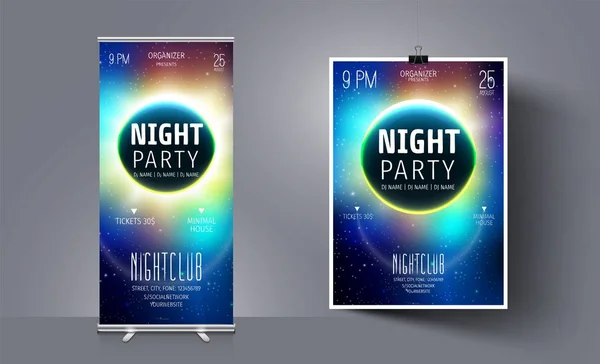 Ay ve Uzay'ın Arka Planı'nda Parti El İlanı Şablonu. Soyut Vektör Arka Plan. Gece Kulübü Broşürü. Galaksi İllüstrasyon. Broşür Şablonu Arka Planı. Vektör Kozmik İllüstrasyon.