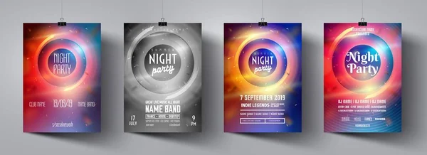 Gece partisi afiş seti. Şenlikli afiş konsepti. Discotheque el ilanı seti. Vektör modern festival broşürü. Minimum broşür düzeni. Vektör illüstrasyon. Poster reklam tasarımı. Gece parti el ilanı.