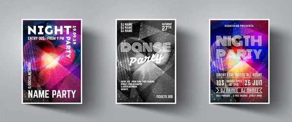 Gece partisi afiş seti. Şenlikli afiş konsepti. Discotheque el ilanı seti. Vektör modern festival broşürü. Minimum broşür düzeni. Vektör illüstrasyon. Poster reklam tasarımı. Gece parti el ilanı.
