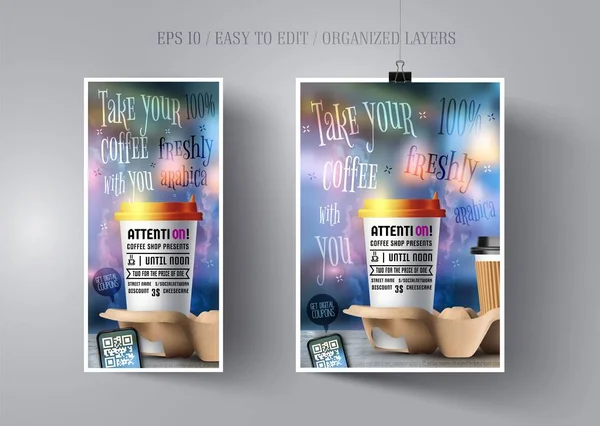 Bulanık arka plandaki kahve dükkanı için poster ve el ilanı şablonu. Bir kafe veya restorana reklam davetiyesi. Vektör şablonu düzeni el ilanı veya afiş reklam içki. Gerçekçi Kahve Fincanı.