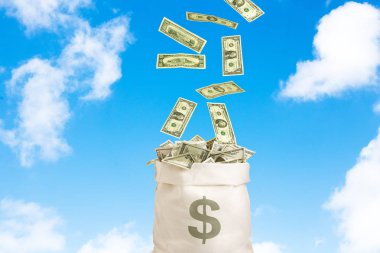 Para para çantası gökyüzü bulutlar arka plan, başarı kavramı ile dolar, gökten düşen