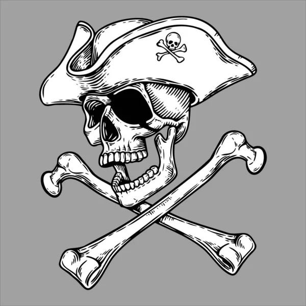 Jolly Roger Pirate skull head in hat and crossed bones symbol. — Stock Vector