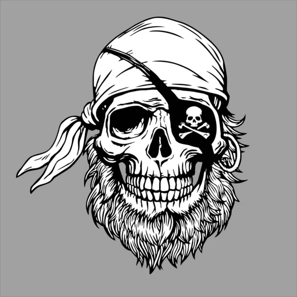 Cabeça de crânio pirata em bandana e barba —  Vetores de Stock