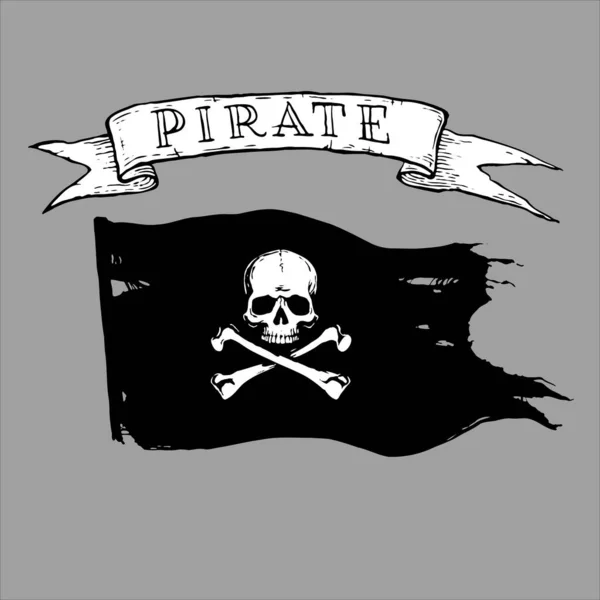 Caveira Roger Pirata alegre cabeça e ossos cruzados símbolo na bandeira preta. —  Vetores de Stock