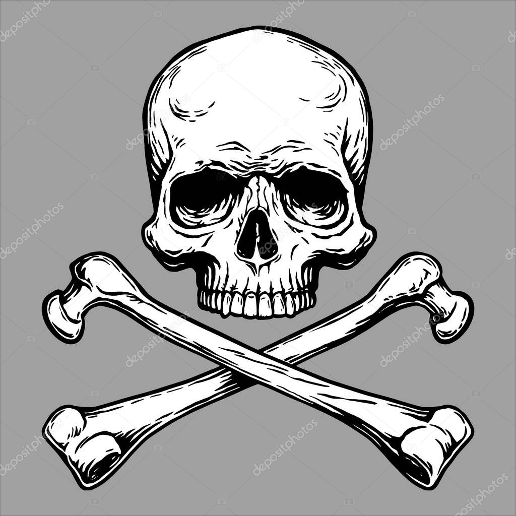 Jolly Roger Pirate skull head and crossed bones symbol.