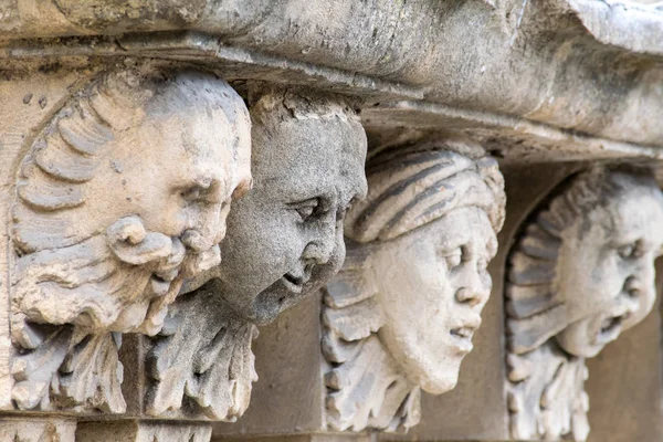 Closeup View Mascarons Funny Faces Balcony Baroque Palace Province Syracuse — Stock Photo, Image
