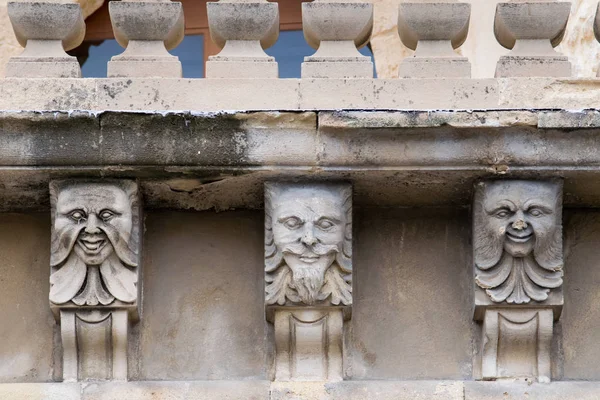 Closeup View Mascarons Funny Faces Balcony Baroque Palace Province Syracuse — Stock Photo, Image