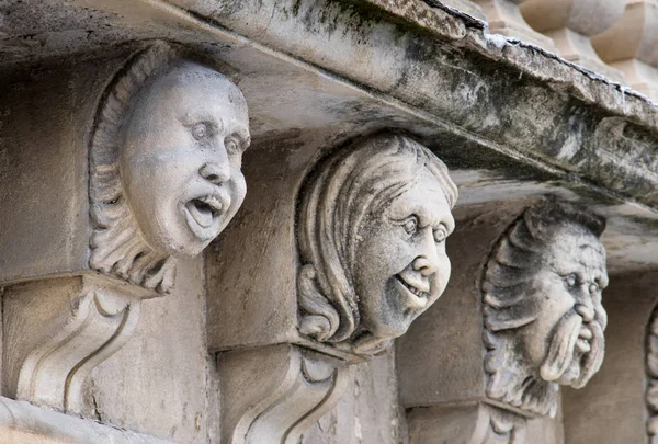 Closeup View Mascarons Funny Faces Balcony Baroque Palace Province Syracuse — Stock Photo, Image