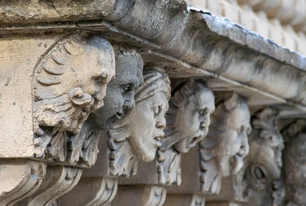Closeup View Mascarons Funny Faces Balcony Baroque Palace Province Syracuse — Stock Photo, Image