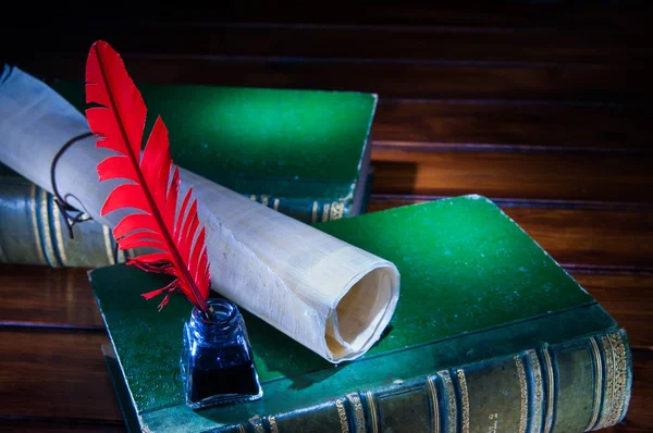 Stylo Plume Une Feuille Papyrus Roulée Sur Une Table Bois — Photo