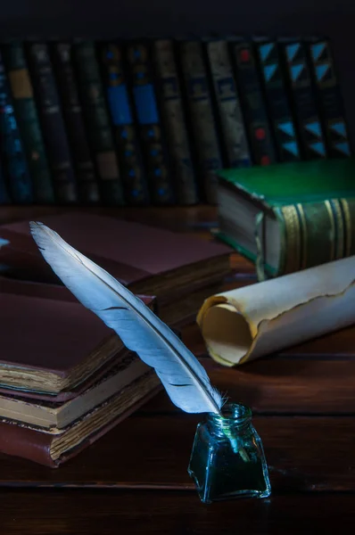 Stylo Plume Une Feuille Papyrus Roulée Sur Une Table Bois — Photo