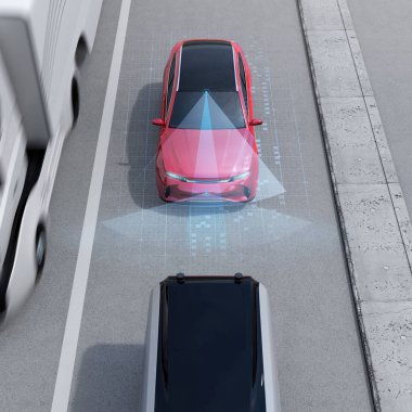 Kırmızı Suv acil kaza önlemek için fren ön görünüm. Otomatik acil durum fren (acil fren sistemi) kavramı. 3D render resim.