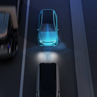 Mavi Suv acil kaza önlemek için fren ön görünüm. Otomatik acil durum fren (acil fren sistemi) kavramı. Gece sahne. 3D render resim.
