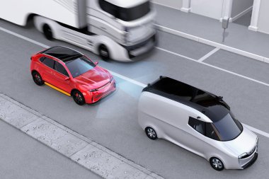 Kırmızı Suv kaza önlemek için fren acil. Otomatik acil durum fren (acil fren sistemi) kavramı. Sol Trafik sahne. 3D render resim.