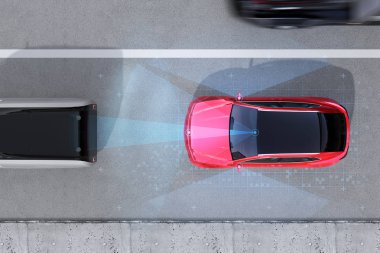 Kırmızı Suv acil kaza önlemek için frenleme havadan görünümü. Otomatik acil durum fren (acil fren sistemi) kavramı. 3D render resim.