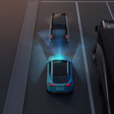 Mavi Suv acil kaza önlemek için frenleme görünümü arka. Otomatik acil durum fren (acil fren sistemi) kavramı. Gece sahne. 3D render resim.