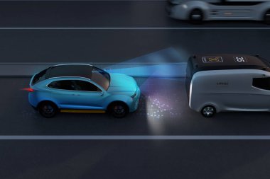 Mavi Suv acil kaza önlemek için fren yan görünüm. Otomatik acil durum fren (acil fren sistemi) kavramı. Gece sahne. 3D render resim.