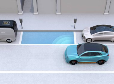 Özerk Suv yol kenarında park yerinde içine paralel park yeri. Akıllı Park yardım sistemi kavramı. 3D render resim.