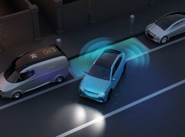 Özerk Suv yol kenarında park yerinde içine paralel park yeri. Gece sahne. Akıllı Park yardım sistemi kavramı. 3D render resim.