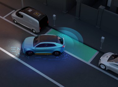 Özerk Suv yol kenarında park yerinde içine paralel park yeri. Gece sahne. Akıllı Park yardım sistemi kavramı. 3D render resim.