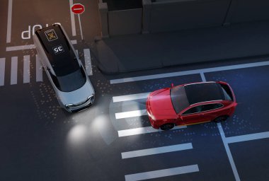 Kırmızı Suv bir minivan kavşak kaza kaçının. Sürücü-asistanı sistem kavramı ilerlemek. 3D render resim.
