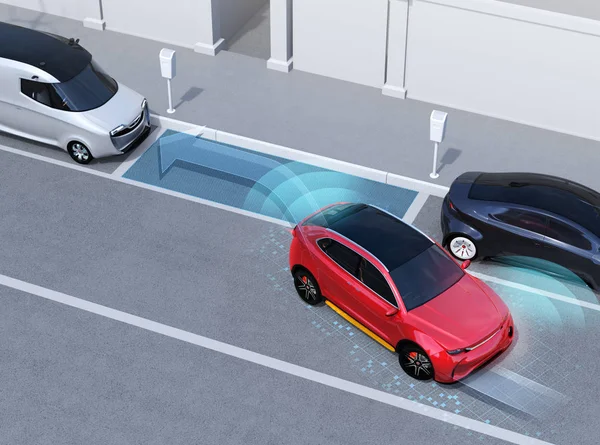 Autonomous SUV is parallel parking into parking lot at roadside. Left-hand traffic scene. Intelligent Parking Assist System concept. 3D rendering image.