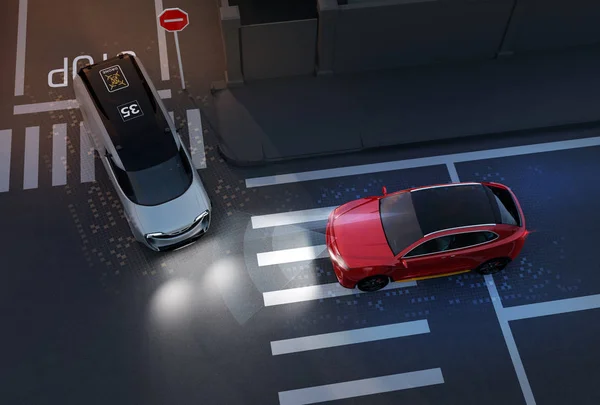 Suv 사거리에서 미니밴에서 사고를 마십시오 드라이버 도우미 시스템 개념입니다 렌더링 — 스톡 사진