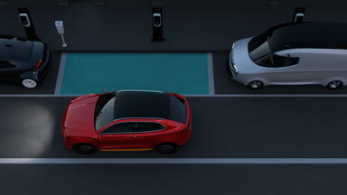 Özerk Suv grafik elemanları ile yol kenarında park yerinde içine otopark paralel. Akıllı Park yardım sistemi kavramı. 3D render animasyon.