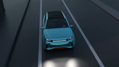 Mavi Suv bir minivan kavşak kaza kaçının. Otomatik acil durum fren (acil fren sistemi) kavramı. Gece sahne. 3D render animasyon.