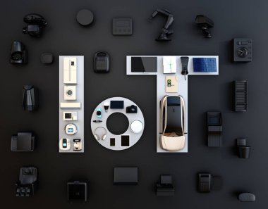 Akıllı aletleri siyah arka plan üzerine açık bakış. Internet of Things ve ev otomasyonu kavramı. Tüketici ürünleri. 3D render resim.
