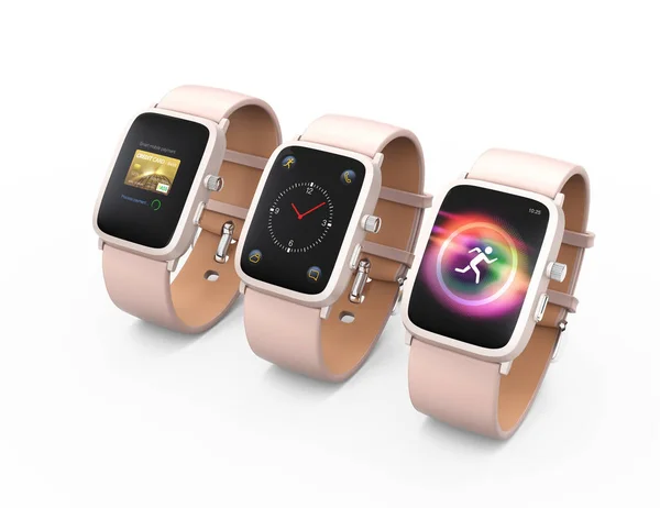 智能手表与粉红色皮革腕带隔离在白色背景 手表屏幕显示 Cardless 时间和健身功能 渲染图像 — 图库照片