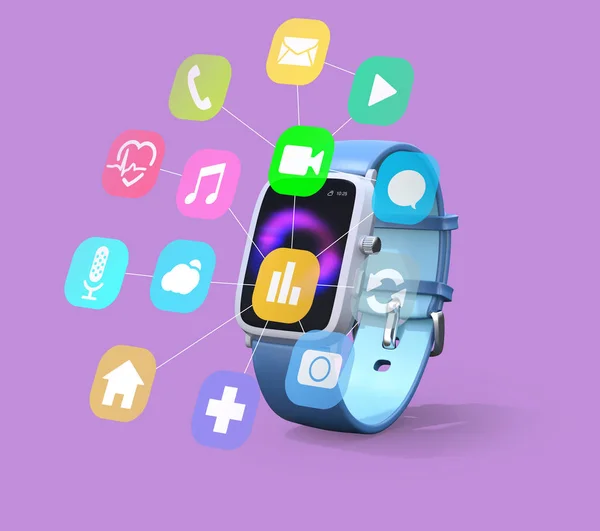 Smart Watch Colorful Icon Set Isolated Purple Background Rendering Image — Stock Photo, Image