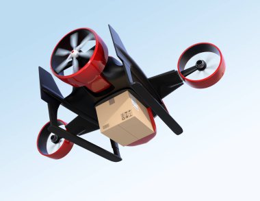 Gökyüzünde uçan paketi taşıyan kırmızı Vtol uçak görünümünü arka. 3D render resim.